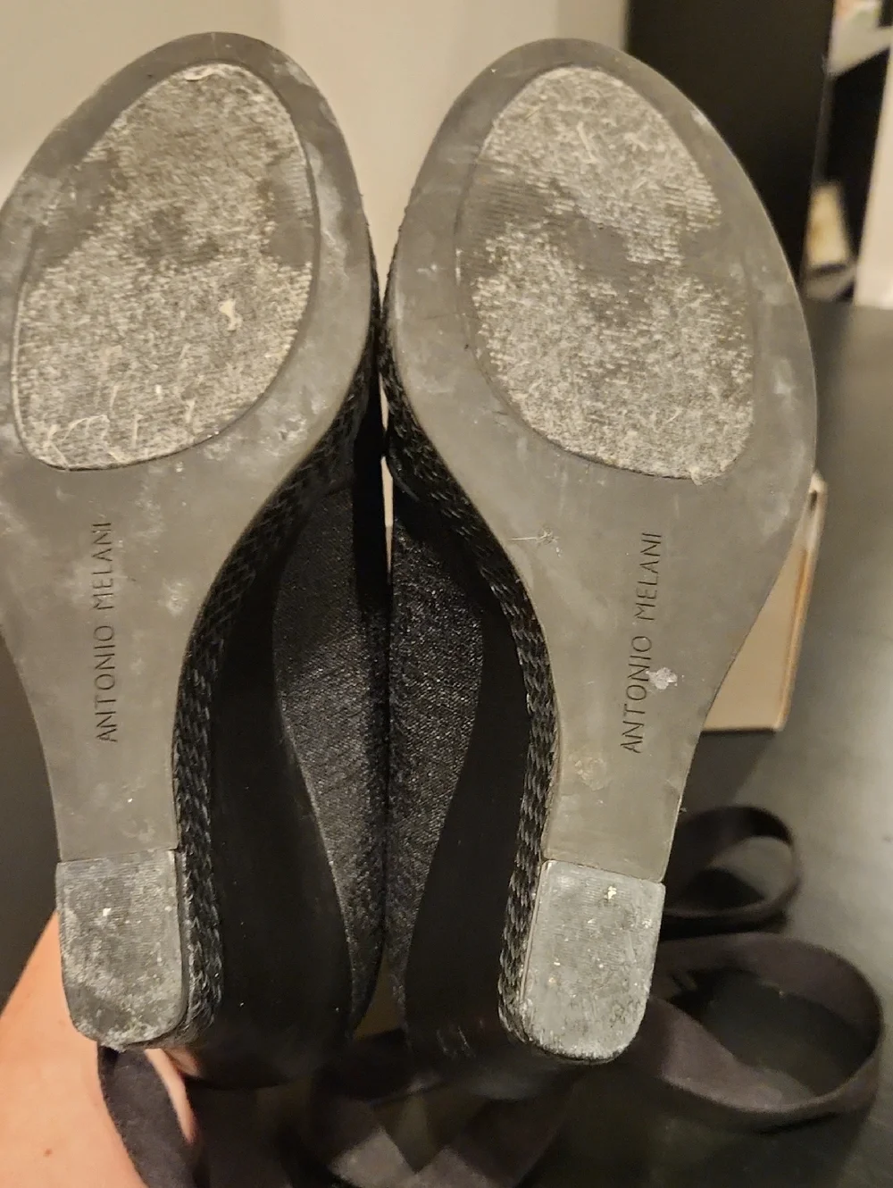ANTONIO MELANI Black Peep-Toe Wedge Espadrilles with Ankle Wraps